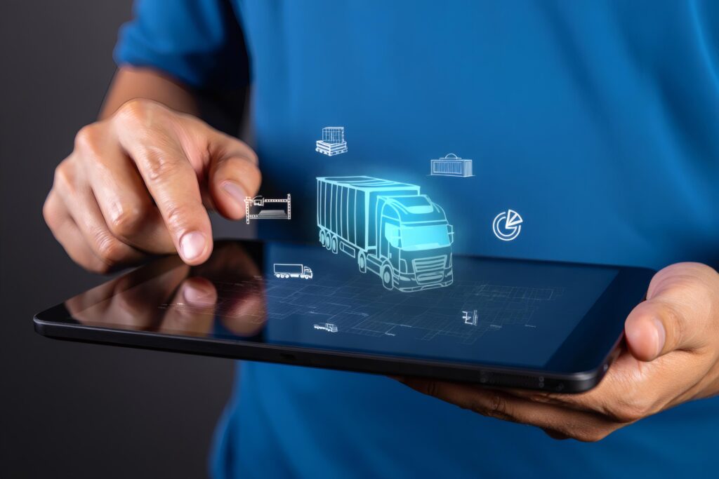 Profissional usando tablet com holograma de caminhão representando integração logística WMS e SISCOMEX
