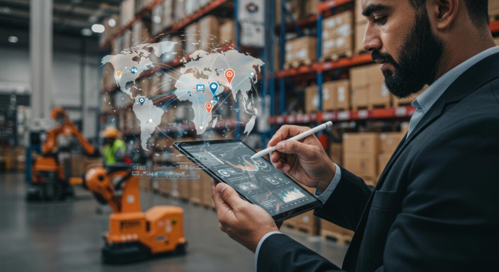 Gestor de logística utiliza tablet com mapa digital global e dados de transporte em armazém automatizado.
