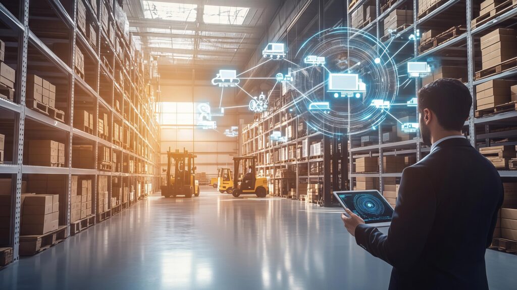 Profissional monitora processos de logística, entrega e transporte automatizados com software logístico em tablet.
