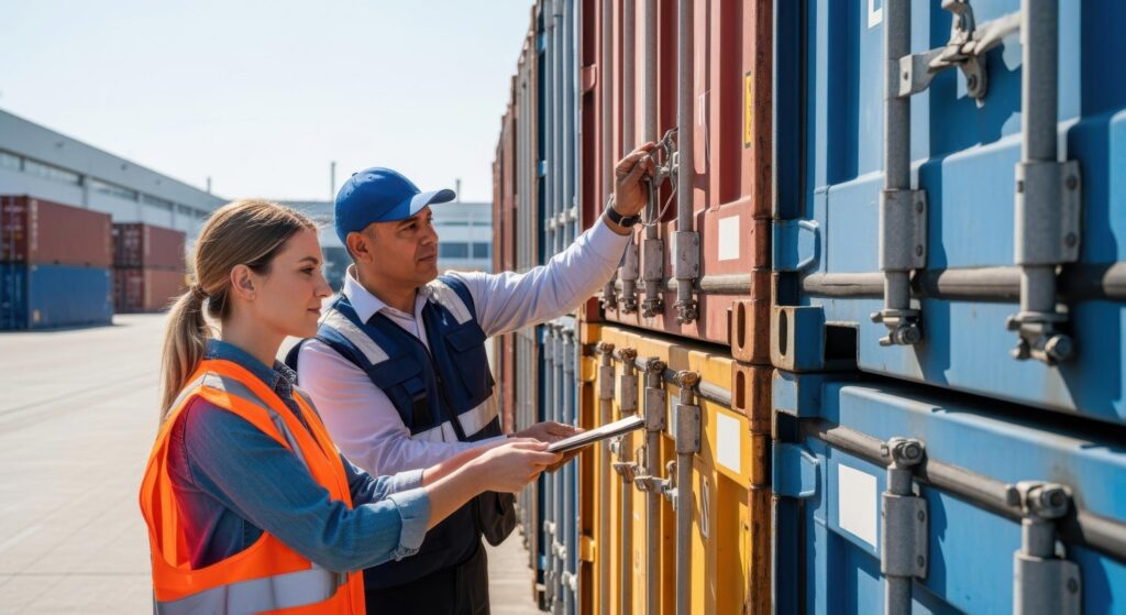 Equipe verifica lacres e portas de contêineres durante inspeção alfandegária.