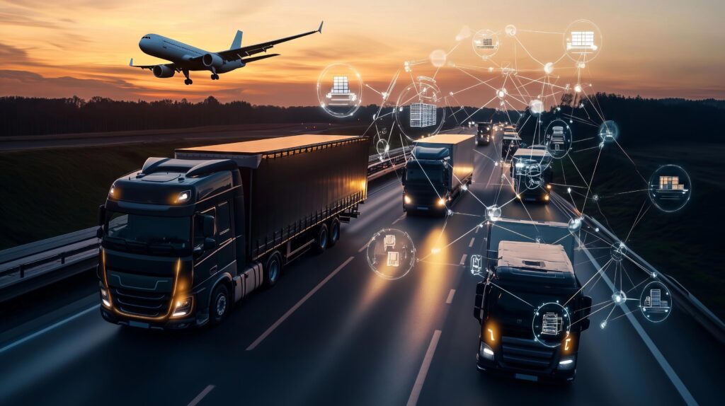 Caminhões e avião conectados por rede inteligente de dados em sistema logístico automatizado.