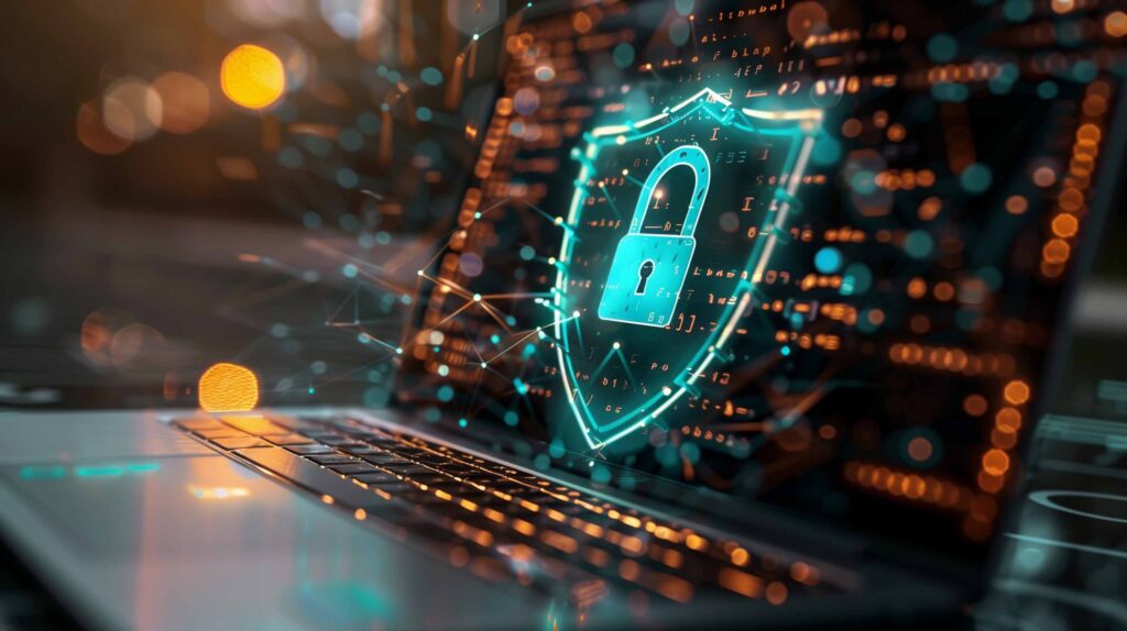 Interface digital com ícone de cadeado brilhante, representando proteção de dados e segurança em sistemas logísticos SaaS.