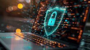 Interface digital com ícone de cadeado brilhante, representando proteção de dados e segurança em sistemas logísticos SaaS.