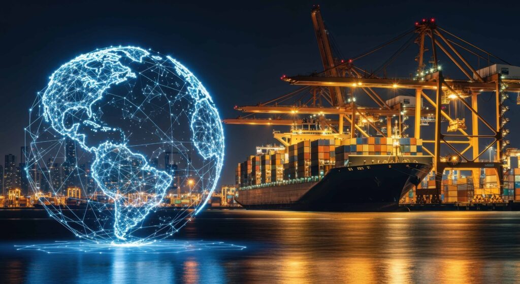 Porto com globo digital iluminado, simbolizando integração alfandegária e comunicação entre Receita, operadores e despachantes.