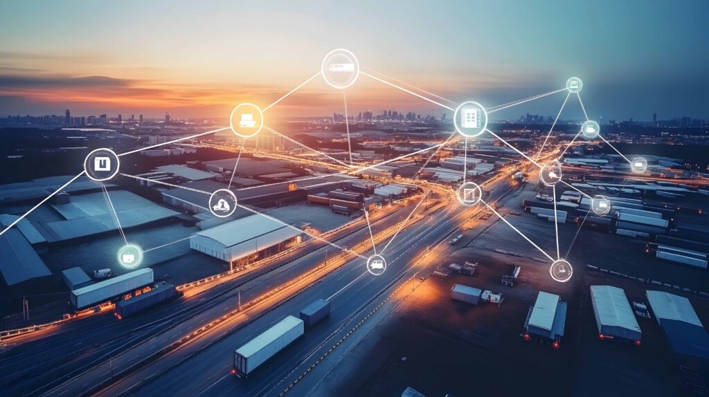 Vista aérea de hub logístico com rede digital conectada, ilustrando centralização de dados e comunicação em portais integrados.