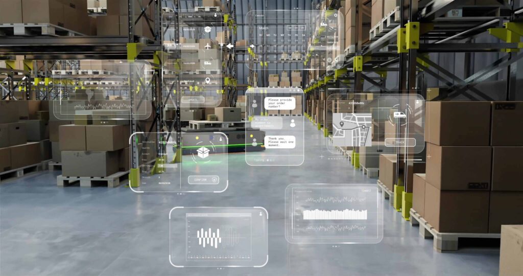 Armazém logístico com dashboards digitais representando logística orientada a dados