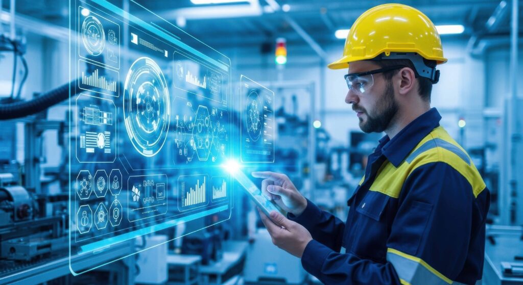 Engenheiro utilizando painel digital avançado, simbolizando monitoramento, identidade e segurança em ambientes logísticos integrados.